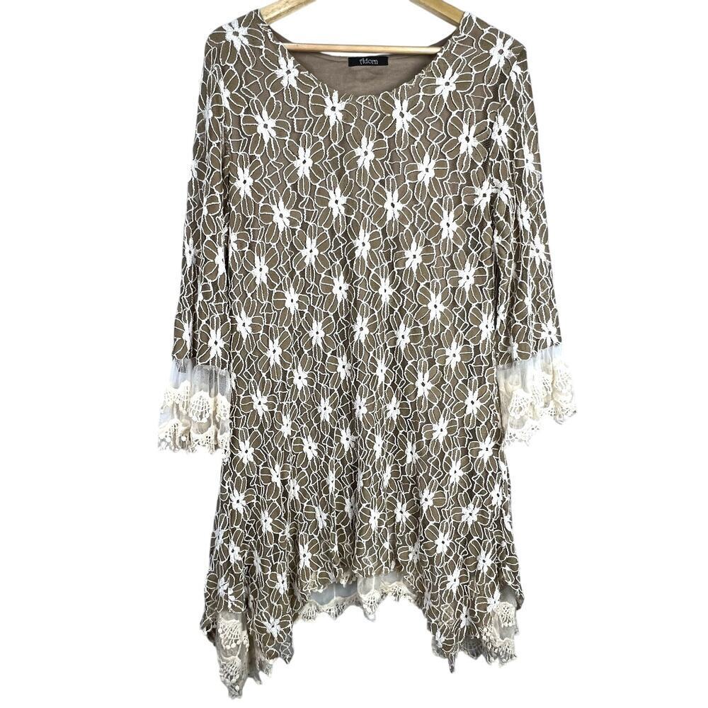 NEW Adorn Boutique Cream Lace Embroidered Over Tan Mini Dress Boho Festival 1XL